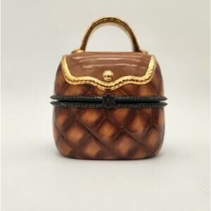 Large Ceramic & Metal Handbag Trinket Box Working Clasp‎ Brown Gold Trim Gift
